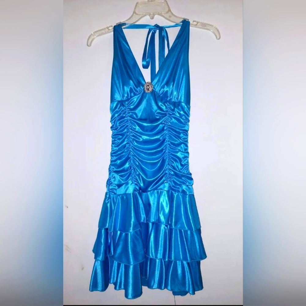 Amazing Blue ruffle halter party dress Size Small